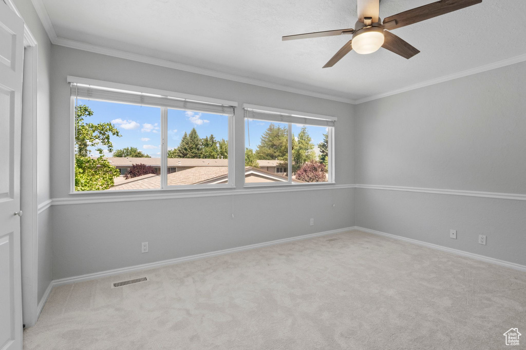 Carpeted empty room with ceiling fan and crown molding