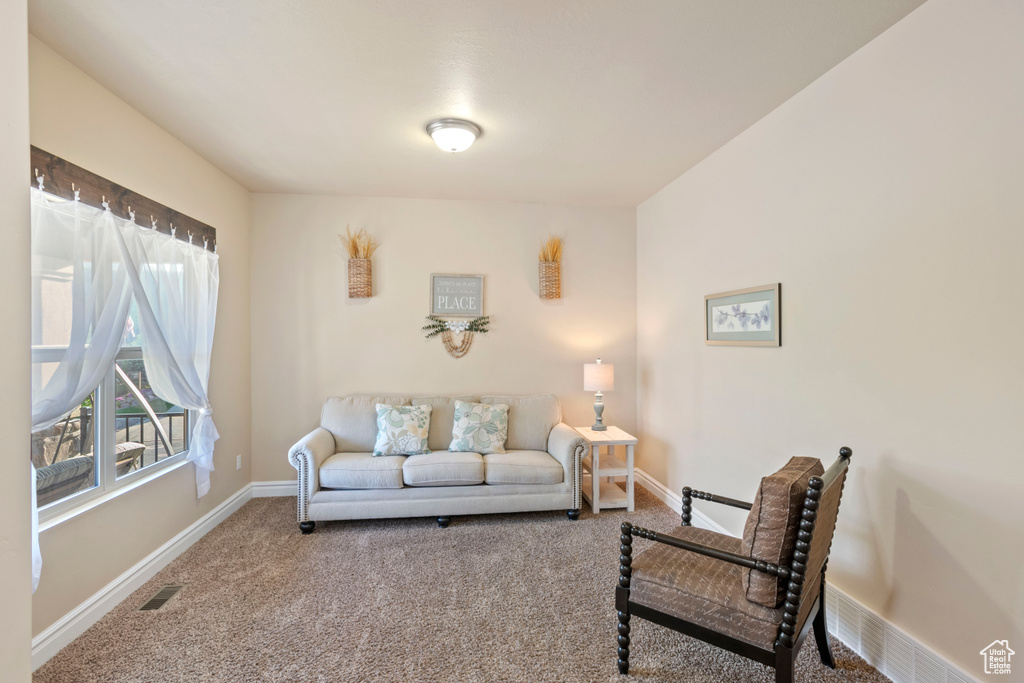 Living area featuring carpet floors and baseboards