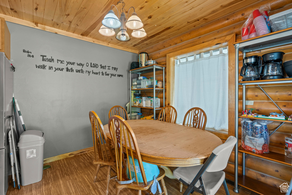 Dining area featuring wooden ceiling, a chandelier, and wood finished floors