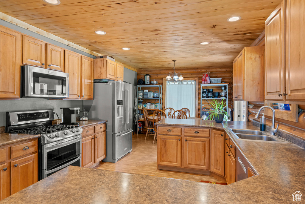 Kitchen featuring stainless steel appliances, wood ceiling, recessed lighting, light wood finished floors, and a chandelier