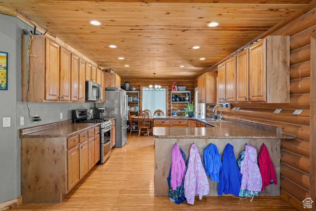 Kitchen with log walls, appliances with stainless steel finishes, wooden ceiling, recessed lighting, and light wood-type flooring