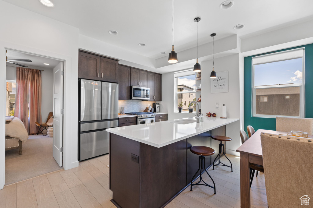 Kitchen featuring stainless steel appliances, dark brown cabinets, a breakfast bar area, light wood-type flooring, and a peninsula