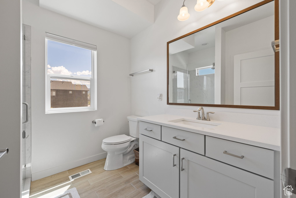 Full bathroom featuring vanity, healthy amount of natural light, a stall shower, and wood finished floors