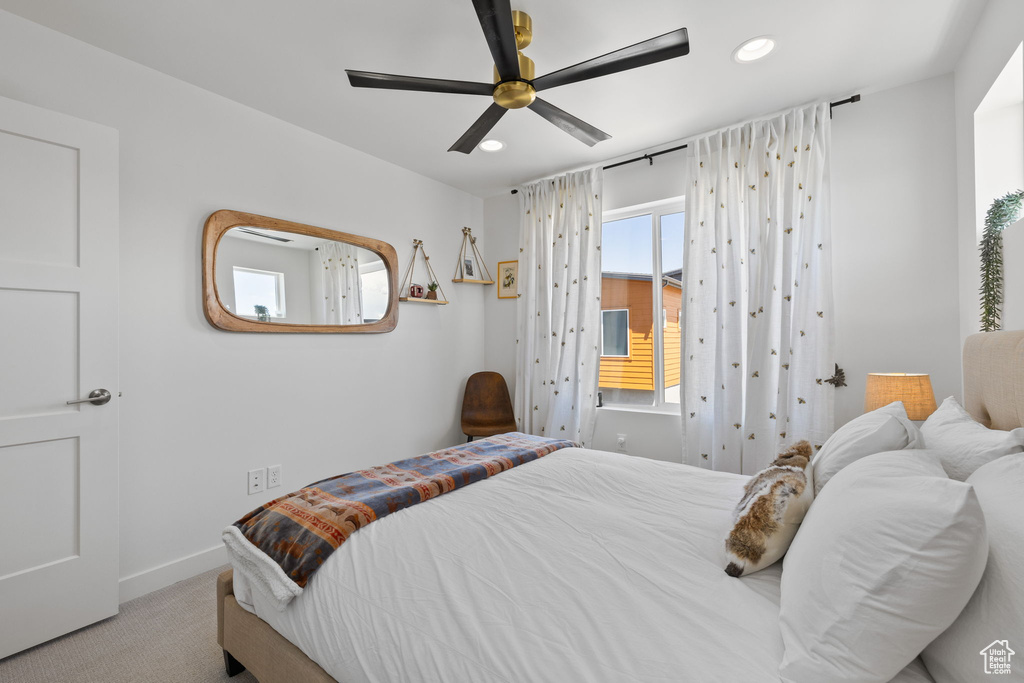 Bedroom with recessed lighting, carpet, and ceiling fan