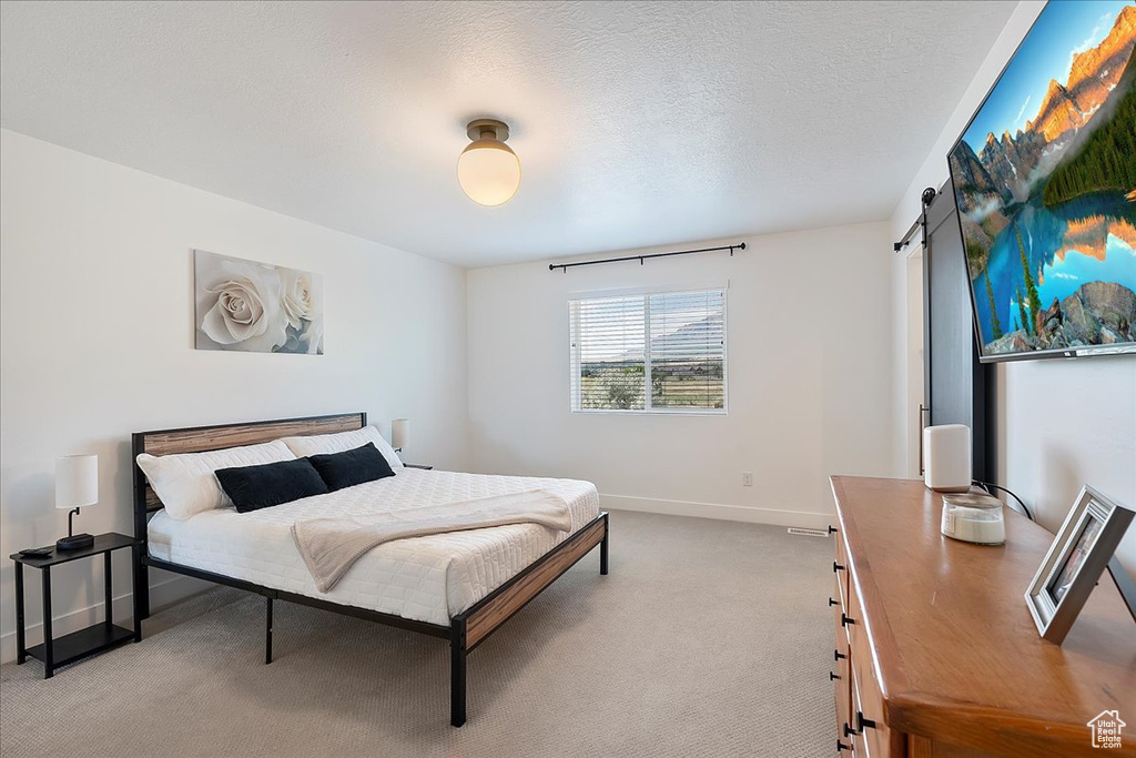 Bedroom featuring carpet and a barn door