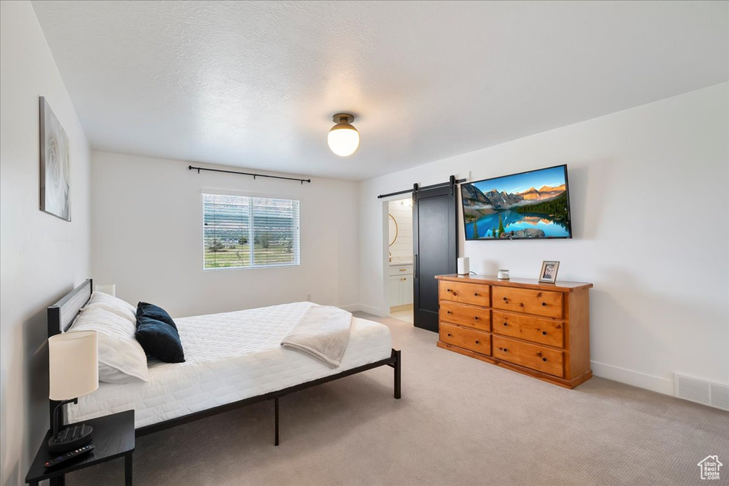 Bedroom with a barn door, light carpet, and connected bathroom