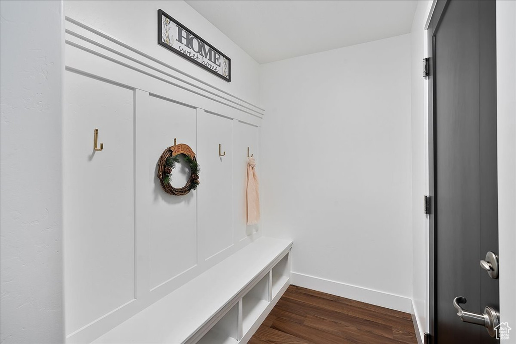 Mudroom with dark wood-type flooring and baseboards