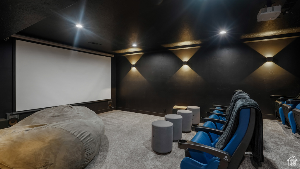 Cinema with carpet floors and recessed lighting