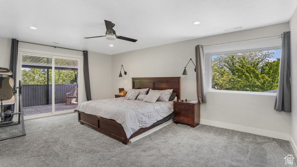 Carpeted bedroom with access to outside, recessed lighting, and ceiling fan