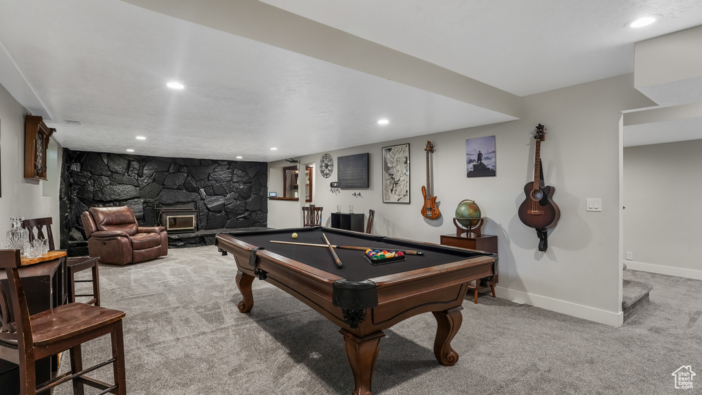 Recreation room featuring carpet, recessed lighting, and billiards table