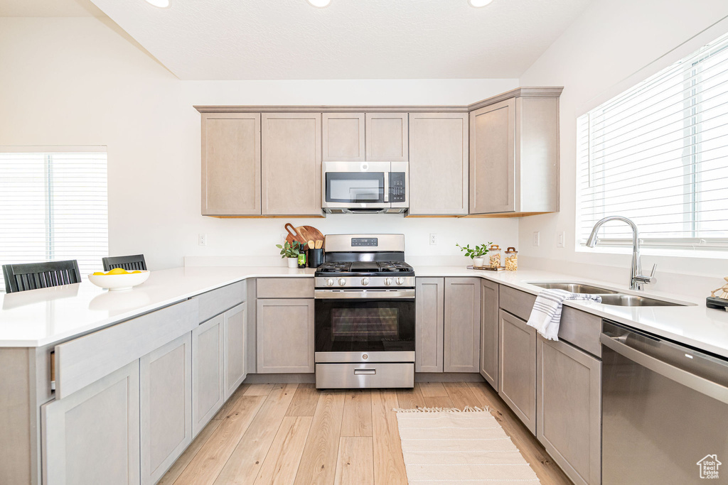 Kitchen featuring appliances with stainless steel finishes, a peninsula, light wood-type flooring, healthy amount of natural light, and recessed lighting