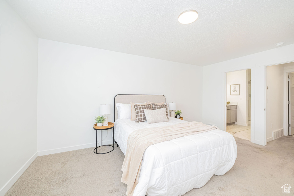 Bedroom with light colored carpet and ensuite bathroom