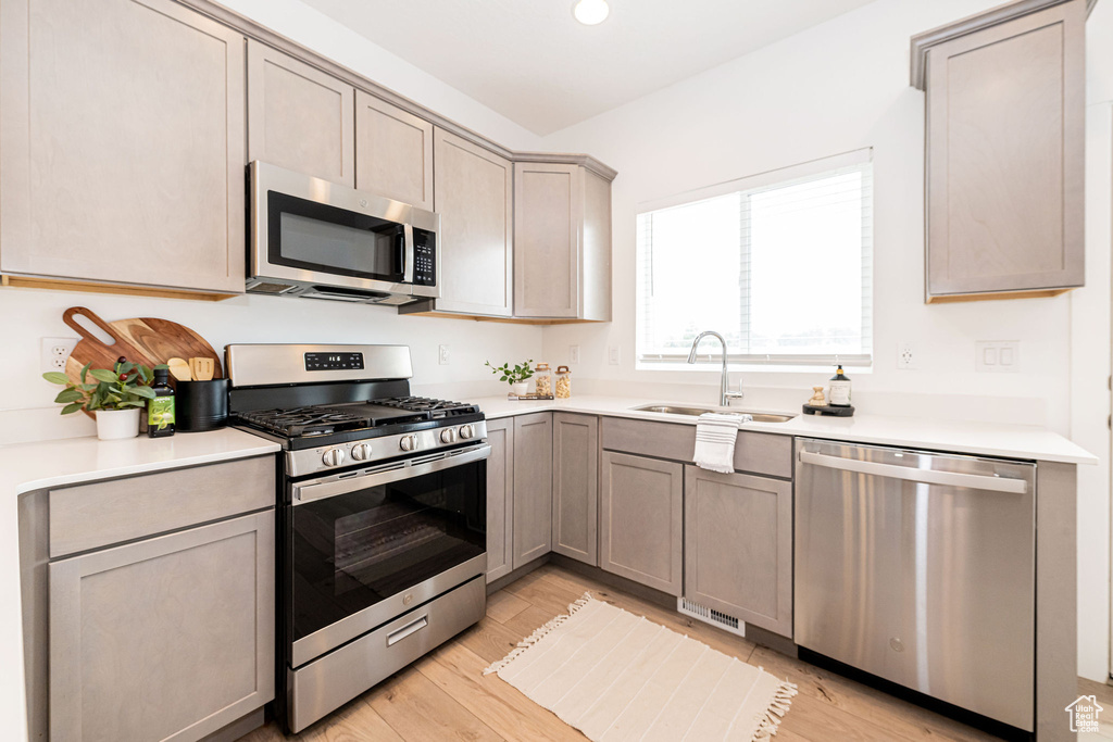 Kitchen with appliances with stainless steel finishes, light wood-style flooring, light countertops, and gray cabinets