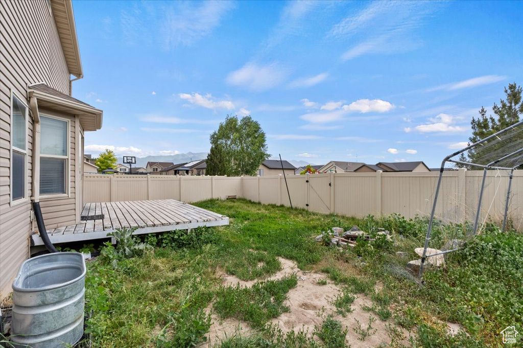 Fenced backyard with a wooden deck