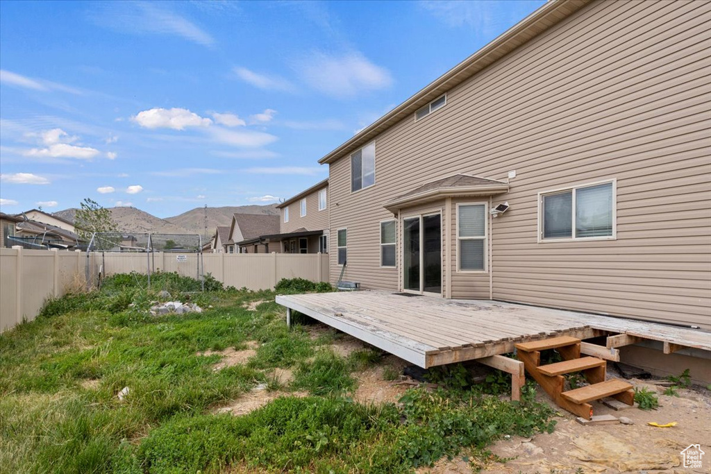 Back of house featuring a fenced backyard and a wooden deck