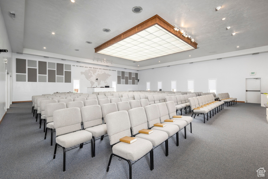 Home theater room featuring carpet and recessed lighting