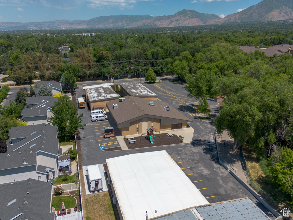 Bird\\\'s eye view of a heavily wooded area and a mountain backdrop