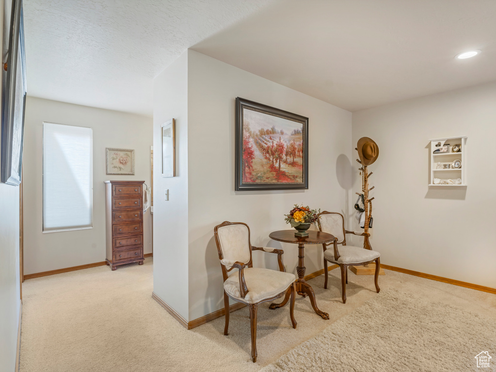 Sitting room with light colored carpet and recessed lighting