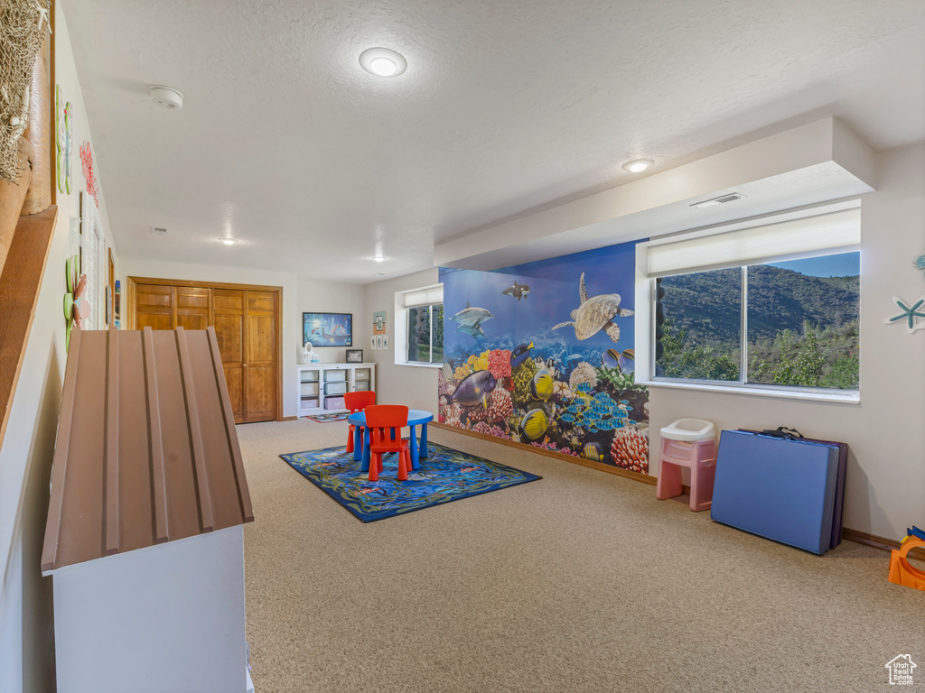 Recreation room with carpet flooring and recessed lighting