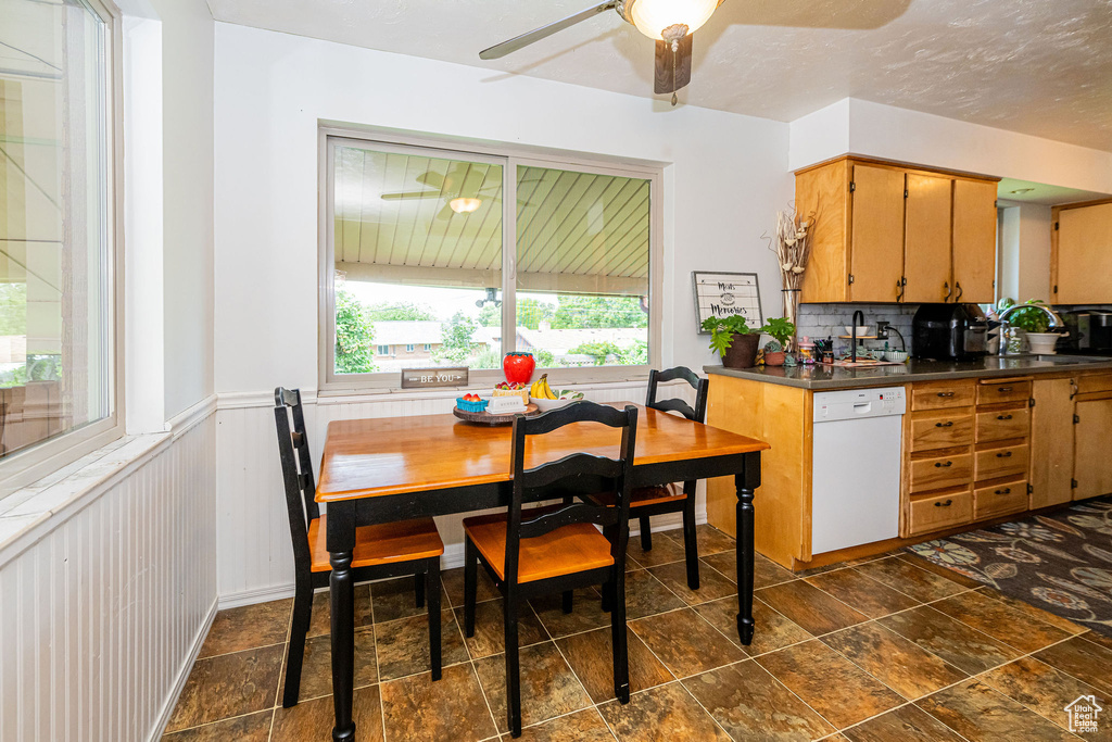 Kitchen with white dishwasher, a ceiling fan, dark countertops, tasteful backsplash, and wainscoting