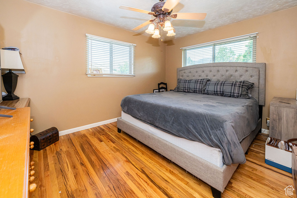 Bedroom featuring wood finished floors, multiple windows, and a ceiling fan