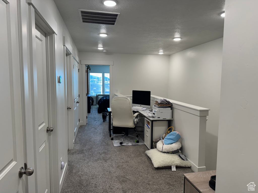 Office space featuring carpet flooring and a textured ceiling