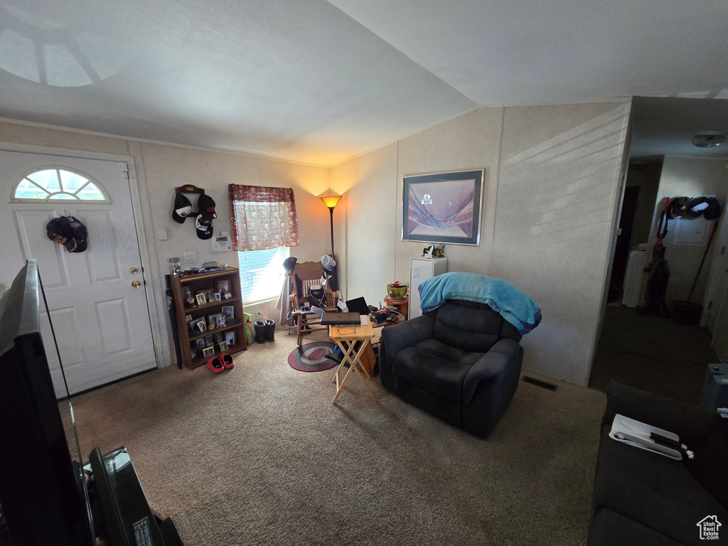 Carpeted living room with vaulted ceiling and an office area