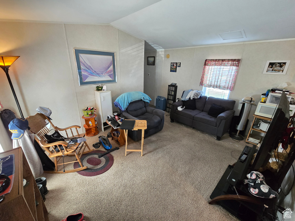 Living room with carpet floors, vaulted ceiling, and attic access
