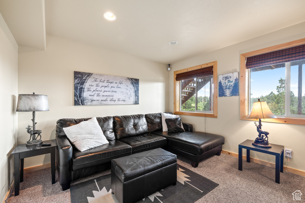 Living room featuring carpet and recessed lighting