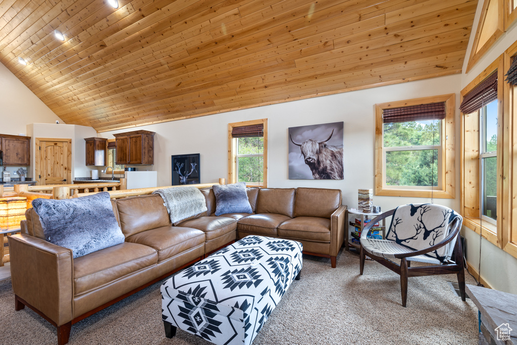 Living room with carpet flooring, wood ceiling, and high vaulted ceiling