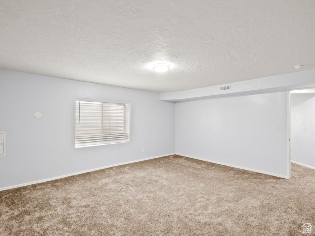Carpeted spare room with a textured ceiling and baseboards