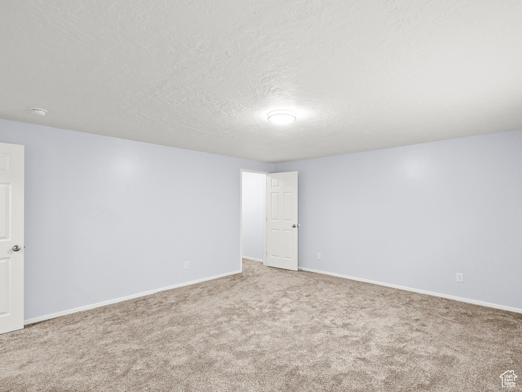 Empty room with carpet floors, a textured ceiling, and a smoke detector