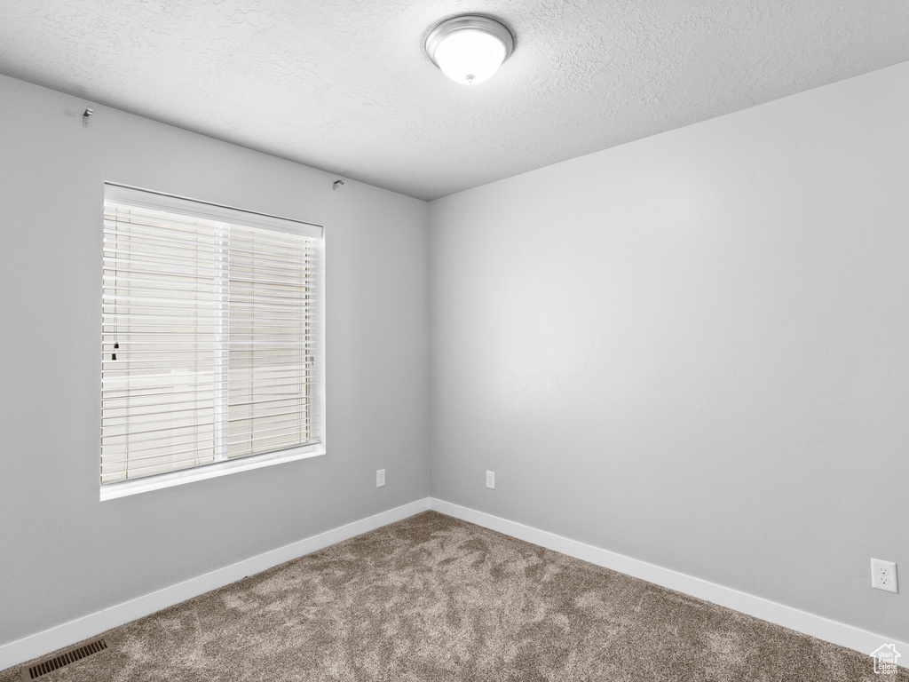 Carpeted empty room featuring a textured ceiling and baseboards