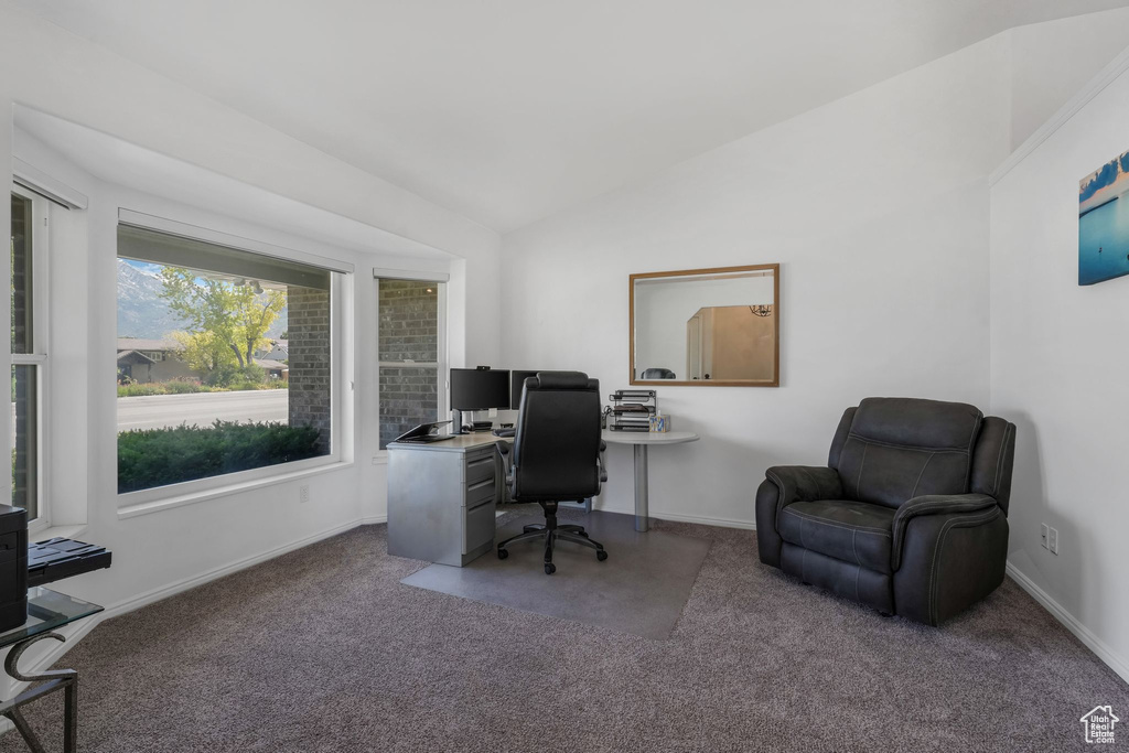 Office area with lofted ceiling and carpet