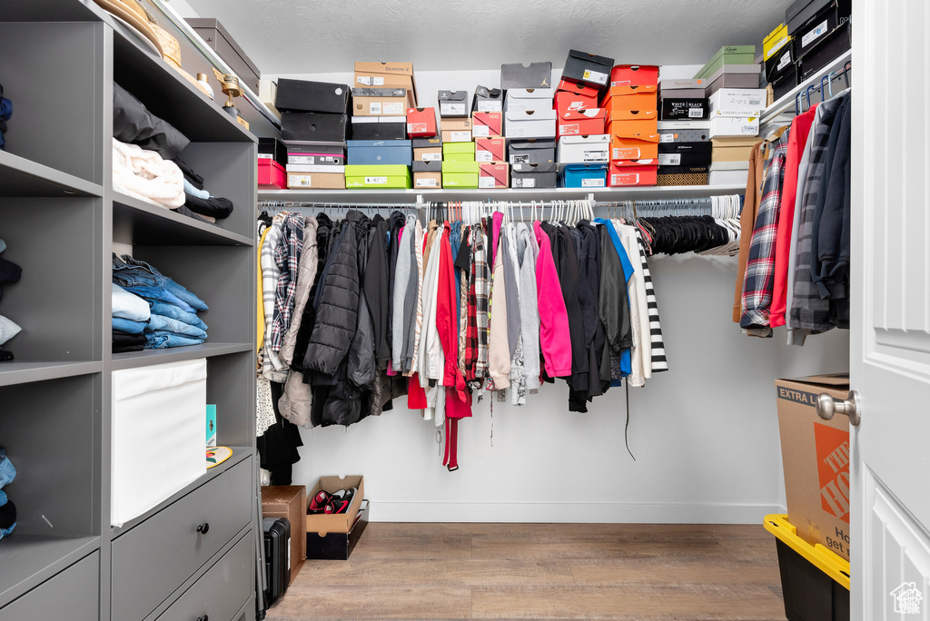 Walk in closet with wood finished floors