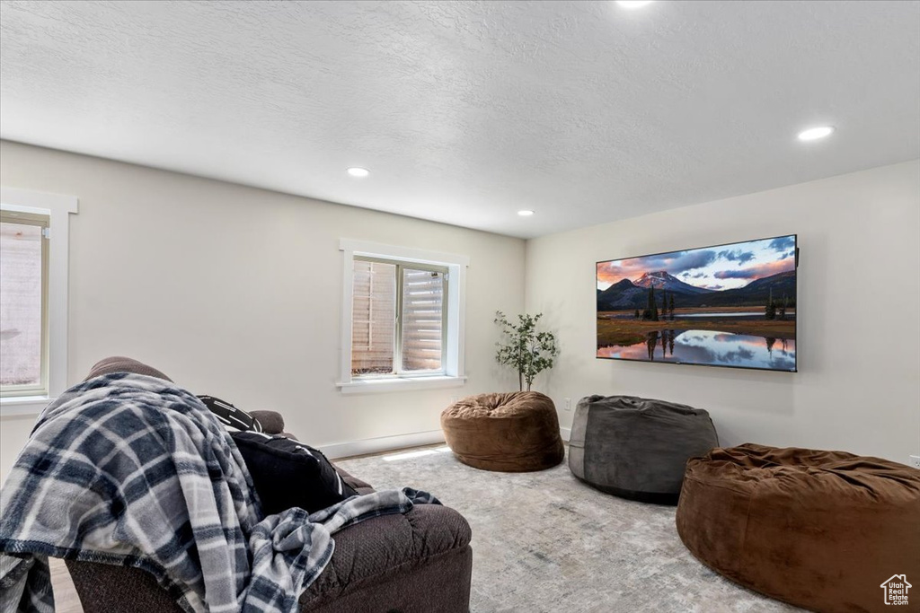 Living room with recessed lighting, carpet floors, and a textured ceiling