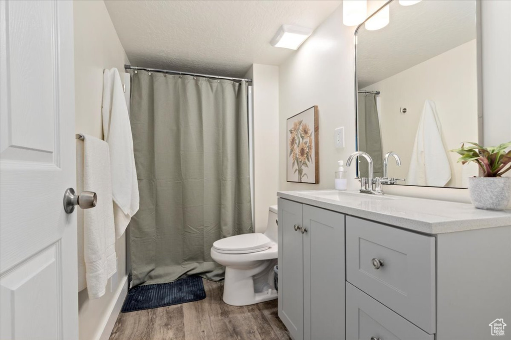 Full bathroom featuring wood finished floors, vanity, a shower with shower curtain, and a textured ceiling