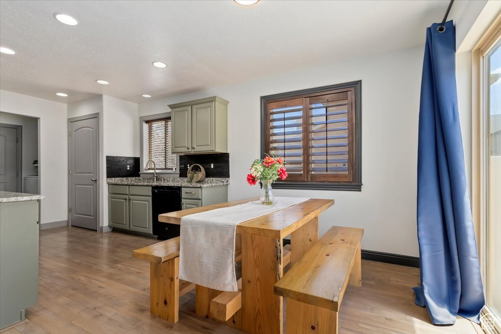 Kitchen with dishwasher, light wood finished floors, healthy amount of natural light, and recessed lighting