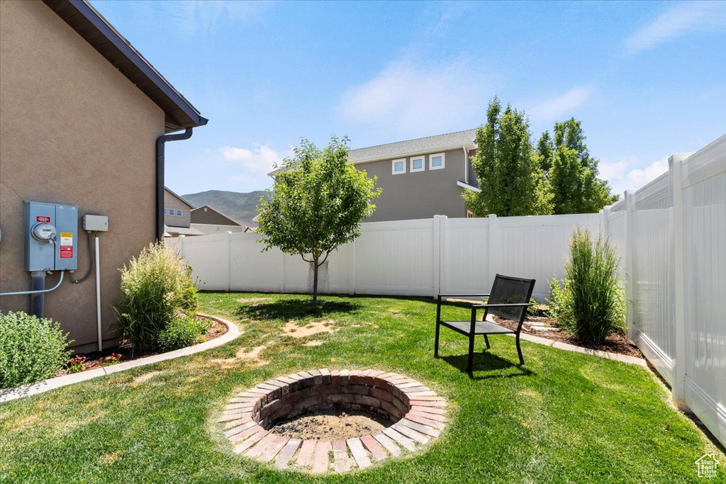 Fenced backyard with an outdoor fire pit
