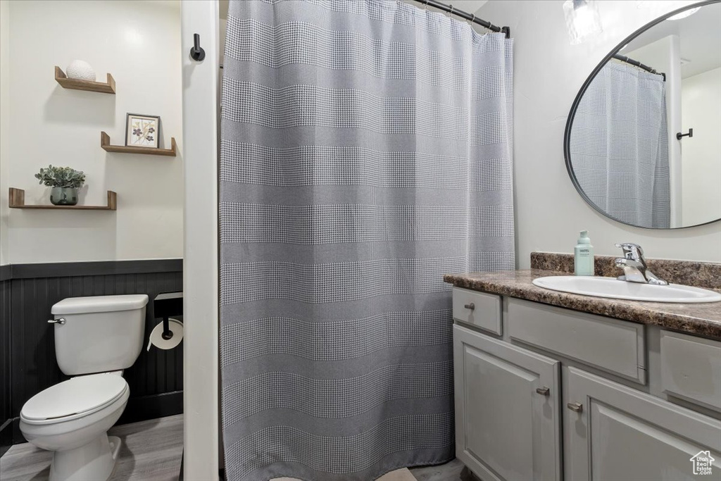 Bathroom featuring vanity, a wainscoted wall, and a shower with shower curtain