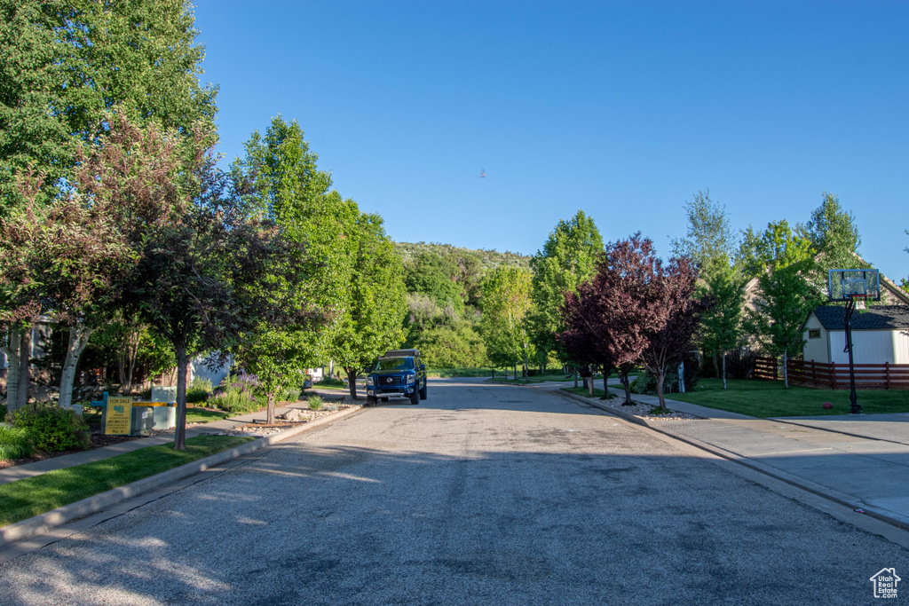 View of asphalt street featuring curbs and sidewalks