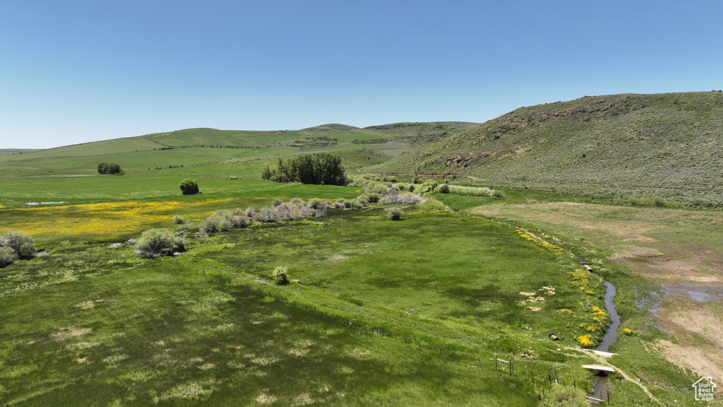 View of mountain backdrop with rural landscape