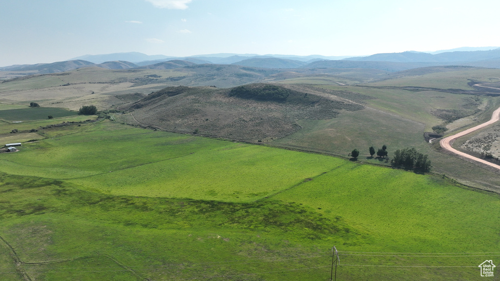 View of mountain backdrop with rural landscape