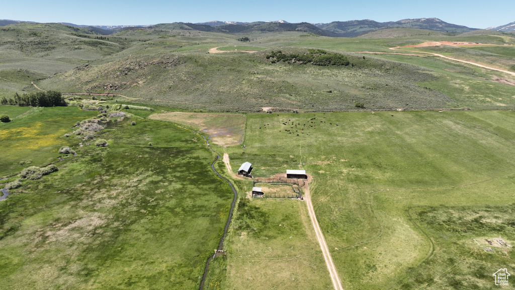 Aerial overview of property's location with a mountain backdrop and rural landscape