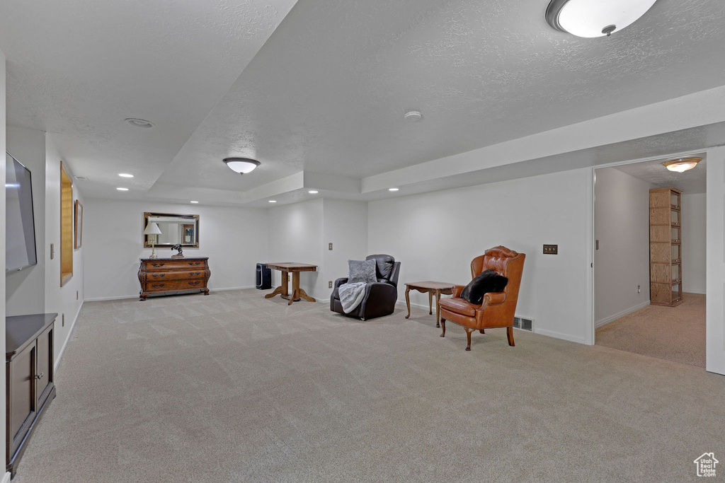Sitting room featuring light carpet, a textured ceiling, a raised ceiling, and recessed lighting