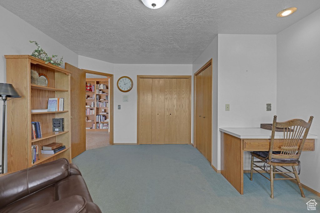Carpeted home office featuring baseboards and a textured ceiling