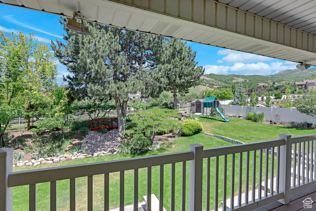 Fenced backyard with a playground and a mountain view