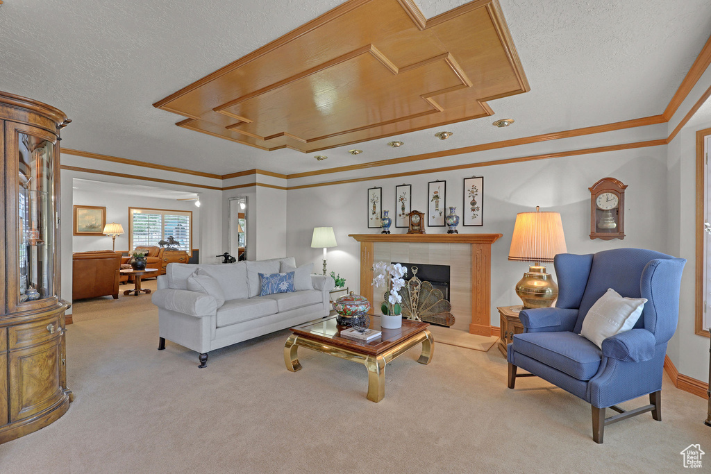 Living room featuring carpet floors, a textured ceiling, crown molding, and a fireplace