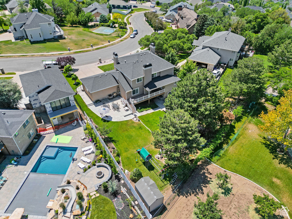 Aerial view of residential area with a pool