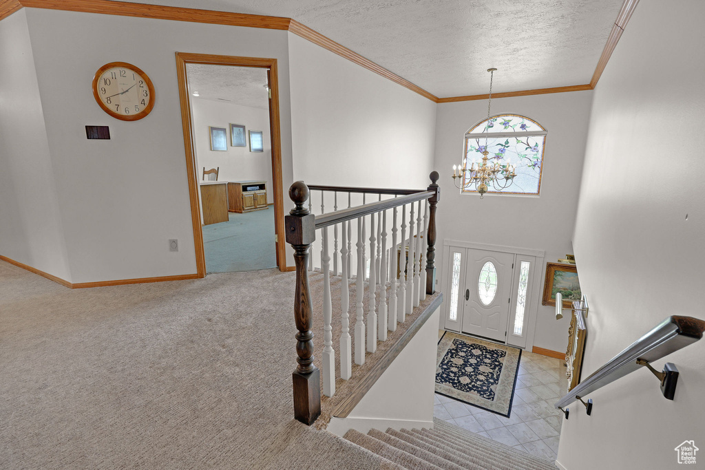 Carpeted entrance foyer with a chandelier, a textured ceiling, and crown molding